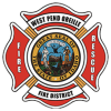 West Pend Oreille Fire District maltese cross logo in red with the Great Seal of the State of Idaho in the center. Top of Maltese Cross says West Pend Oreille and bottom part of the Maltese Cross says Fire District.